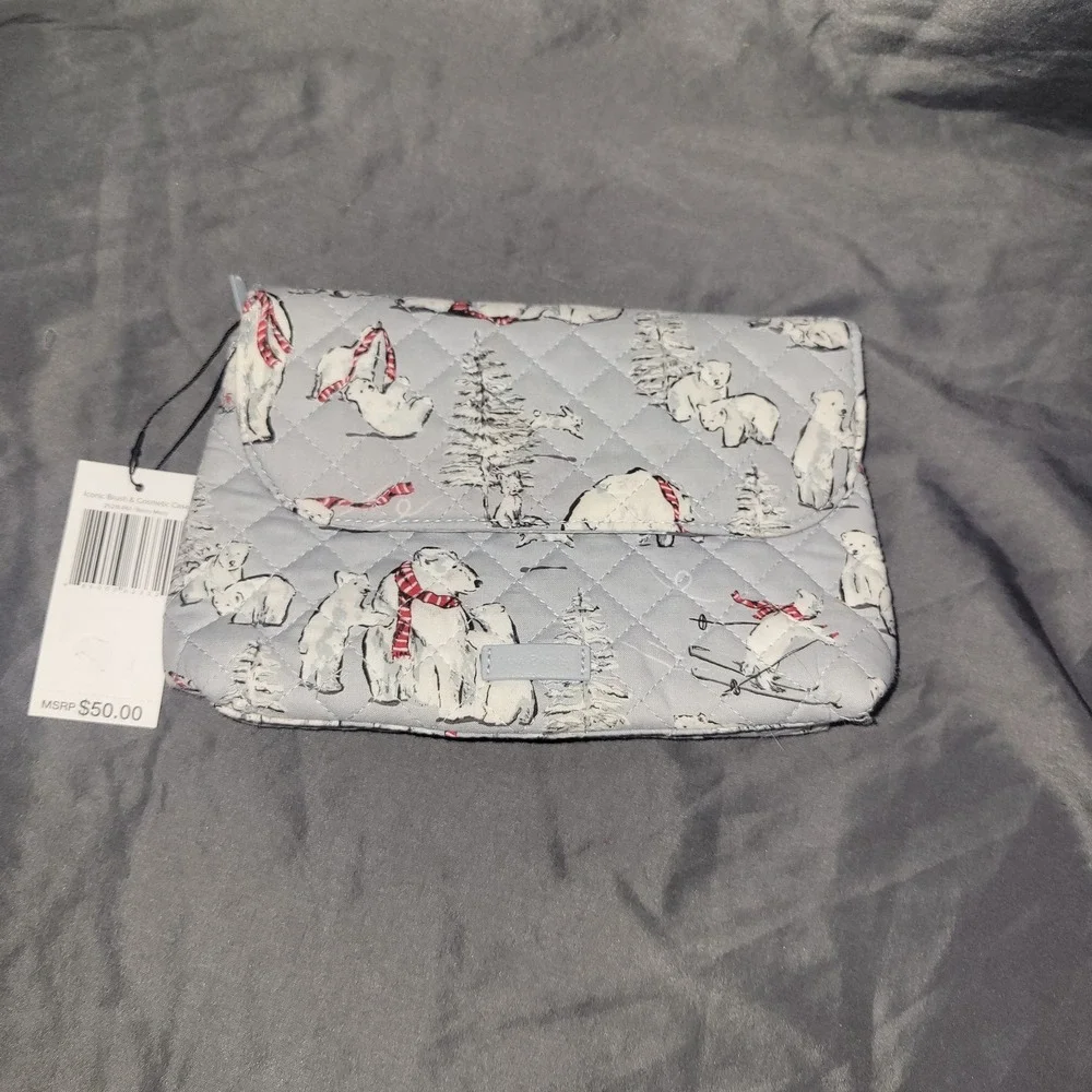 Vera Bradley Brush & Cosmetic Case Beary Merry NWT Travel Polar Bear Gray White